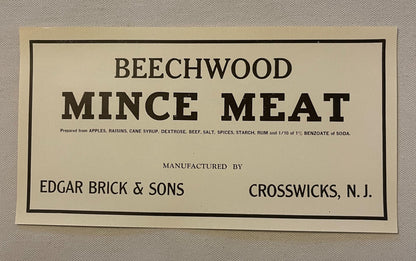 Vintage cream-colored label with black border and text reading "Beechwood Mince Meat" manufactured by Edgar Brick & Sons