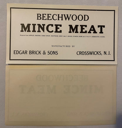 Antique Beechwood Mince Meat label by Edgar Brick & Sons, Crosswicks NJ, showing ingredient list and manufacturer details on 