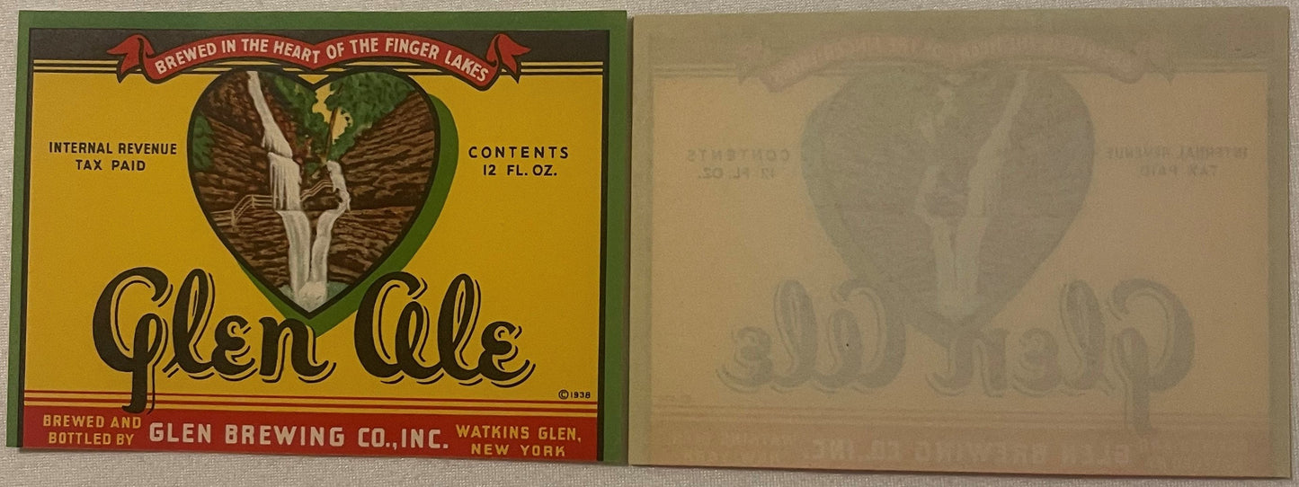Vintage 1938 Glen Ale beer label with heart-shaped waterfall image, yellow and green design, red banner text, Glen Brewing Co