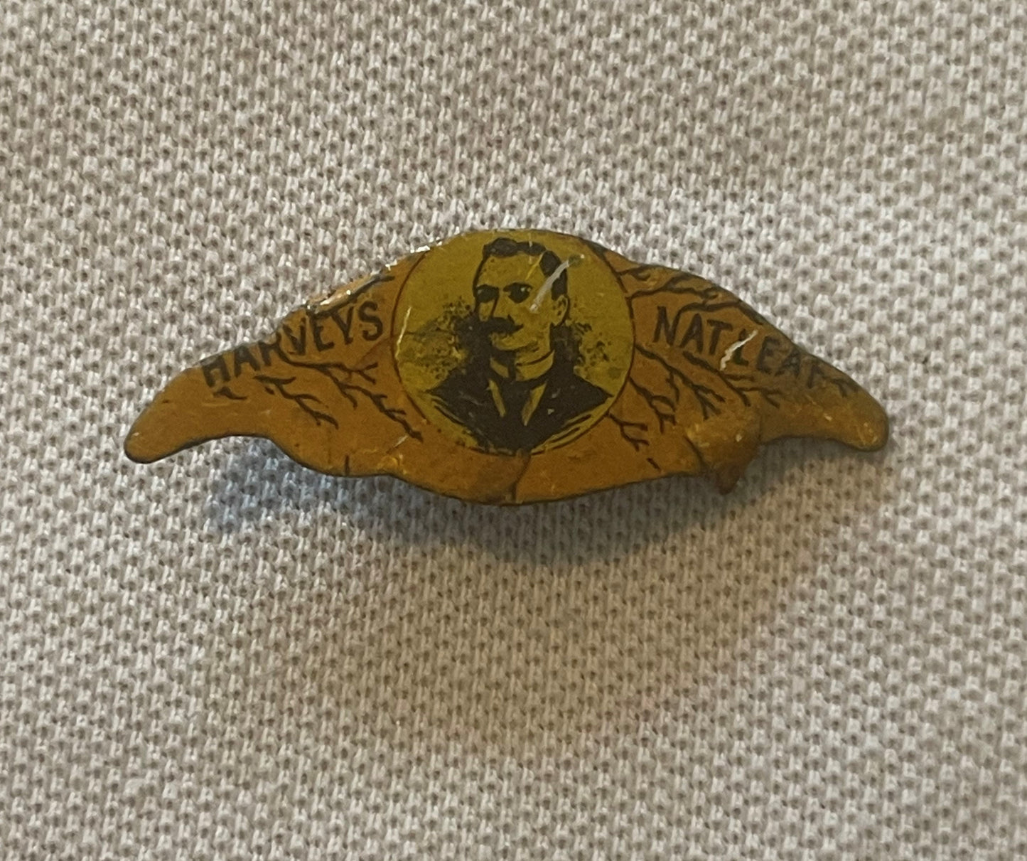 Antique Harveys Nat Leaf Tobacco Tin Tag 1870s 1910s Figural Leaf Shape Pin Back Advertising Collectible Tobacciana 🚬