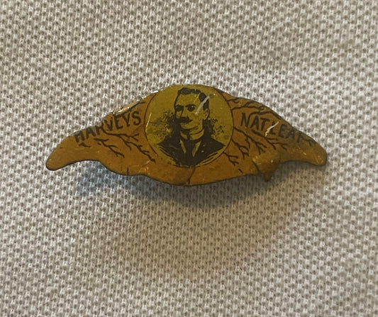 Antique Harveys Nat Leaf Tobacco Tin Tag 1870s 1910s Figural Leaf Shape Pin Back Advertising Collectible Tobacciana 🚬