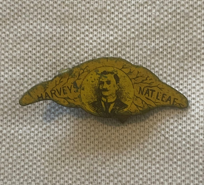 Antique Harveys Nat Leaf Tobacco Tin Tag 1870s 1910s Figural Leaf Shape Pin Back Advertising Collectible Tobacciana 🚬