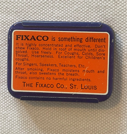Back of the FIXACO tin: the orange panel headed “FIXACO is something different” with the directions for use, signed THE FIXACO CO., ST. LOUIS.