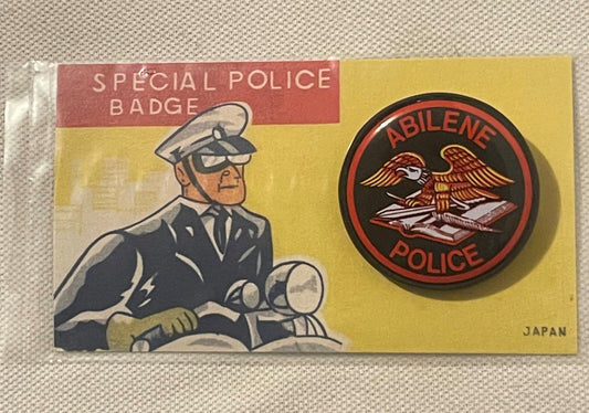 Vintage Abilene Police Special Police Badge 🦅 Tin Litho Pin-Back Button NOS Japan Card Mid-Century