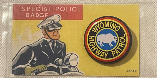 Vintage Wyoming Highway Patrol 🦬 Special Police Tin Litho Badge New Old Stock Original Card Made in Japan