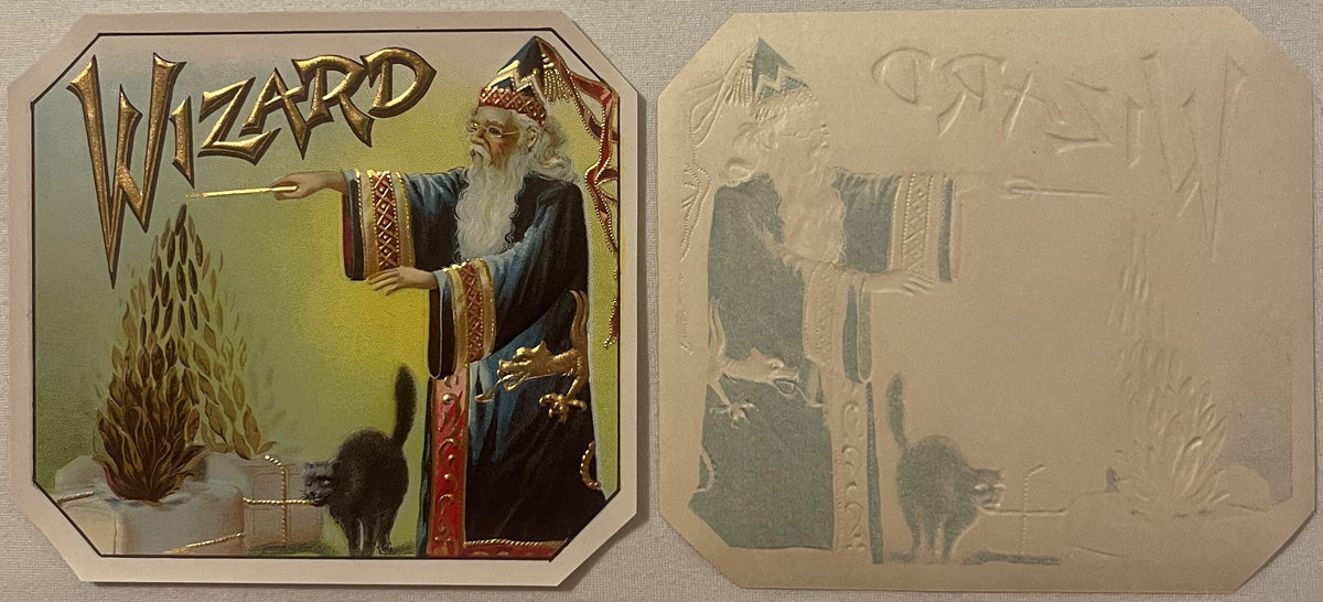 Antique "Wizard" cigar box label showing gold-embossed chromolithograph of bearded wizard in blue robes with black cat, front