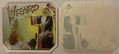 Antique "Wizard" cigar box label showing gold-embossed chromolithograph of bearded wizard in blue robes with black cat, front