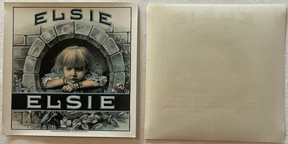 Vintage cigar label featuring "Elsie" text with illustration of a young child peering through a stone archway, shown front an