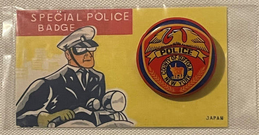 Vintage Special Police Badge 🚔 Suffolk County NY Tin Litho Pin-Back Button NOS on Display Card Made in Japan