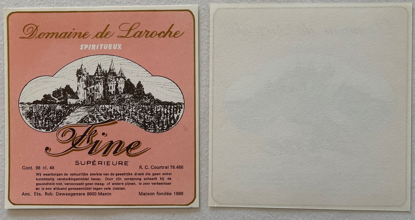 Front and back of a vintage pink liqueur label featuring a castle illustration, French text, and publisher details from Menin