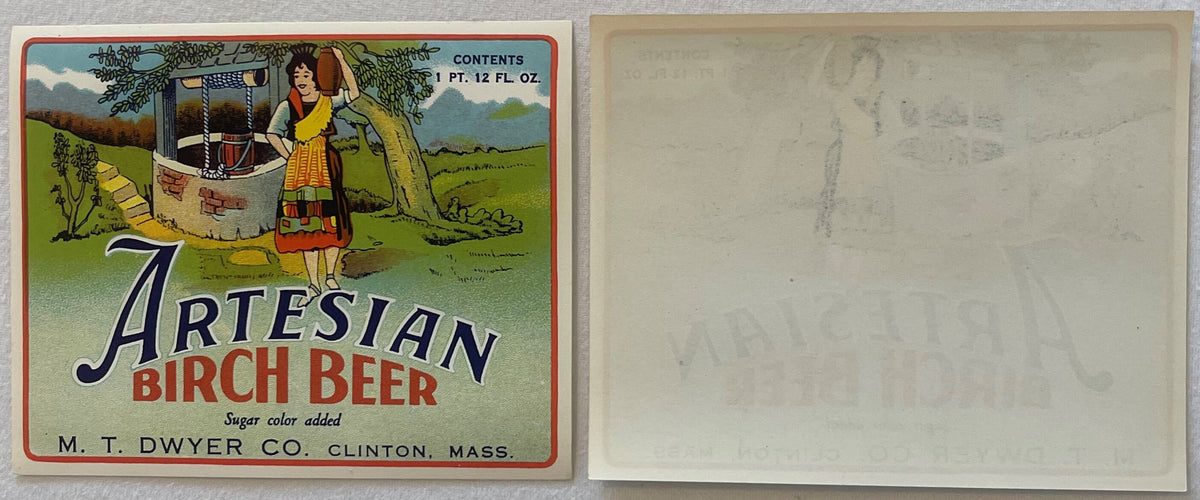 Artesian Birch Beer label shown front and reverse side by side; the reverse is plain paper with the front design showing faintly through.