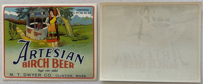 Artesian Birch Beer label shown front and reverse side by side; the reverse is plain paper with the front design showing faintly through.