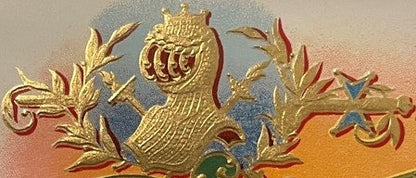 Embossed gold cigar label featuring a classical horse head with decorative laurel wreaths in red and green, circa early 1900s