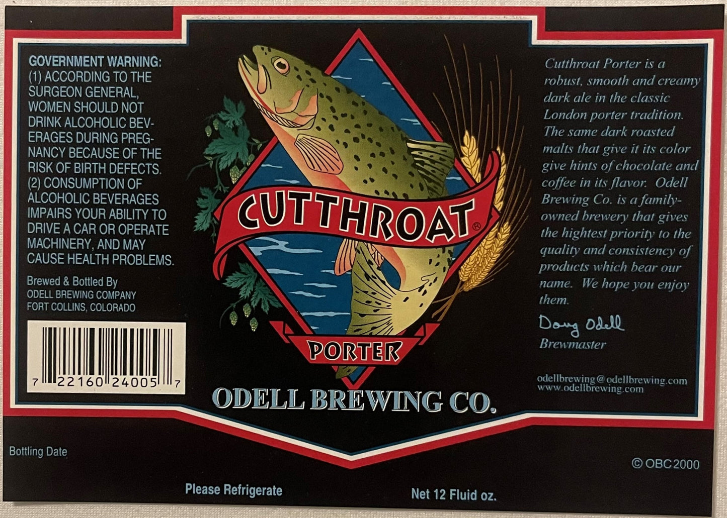 Vintage Cutthroat Porter beer label from Odell Brewing Co featuring illustrated trout, red and black design with government h