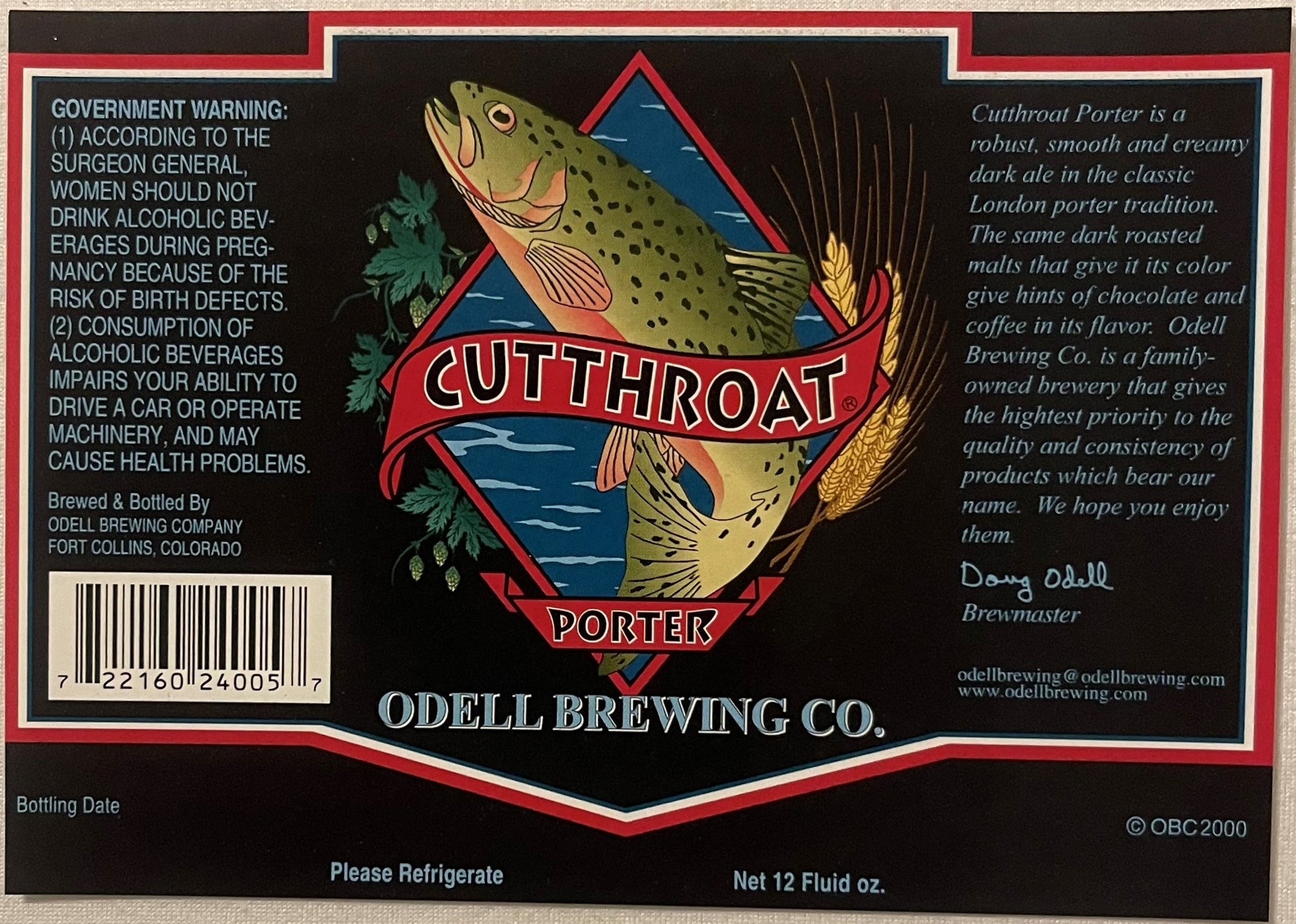 Vintage Cutthroat Porter beer label from Odell Brewing Co featuring illustrated trout, red and black design with government h