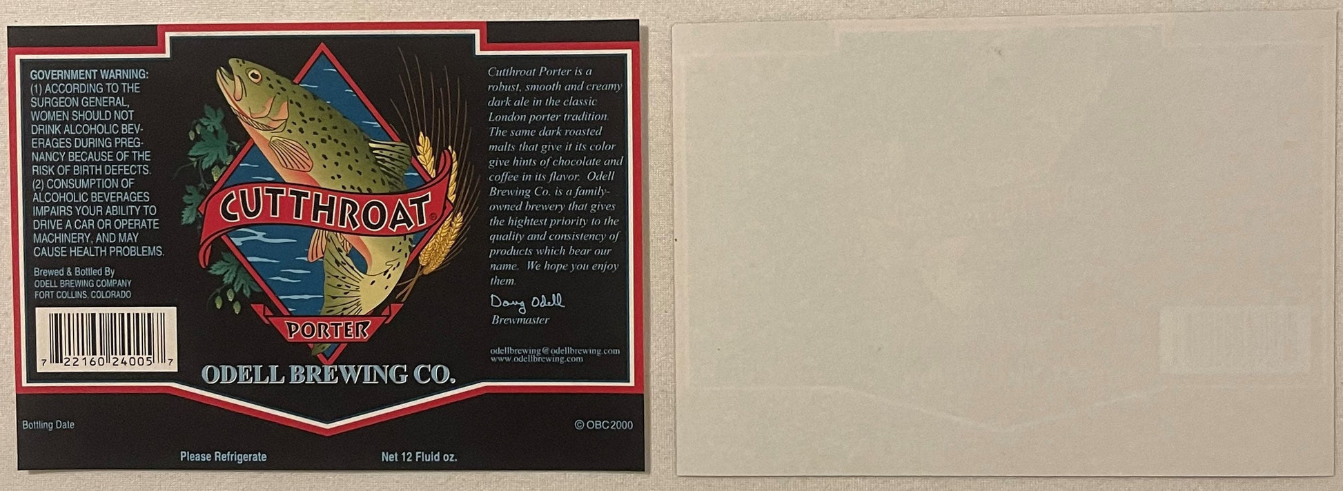Vintage Odell Brewing Co. Cutthroat Porter beer label featuring illustrated trout, red and black design with government warni