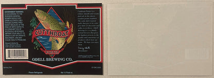 Vintage Odell Brewing Co. Cutthroat Porter beer label featuring illustrated trout, red and black design with government warni