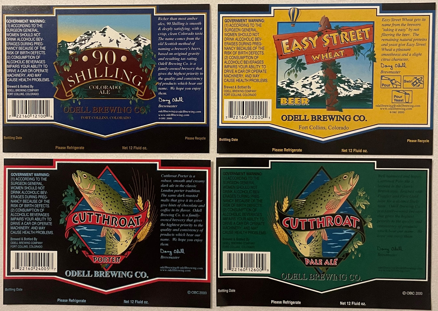 Four vintage Odell Brewing Co. beer labels featuring 90 Shilling, Easy Street Wheat, Cutthroat Porter, and Pale Ale with fish