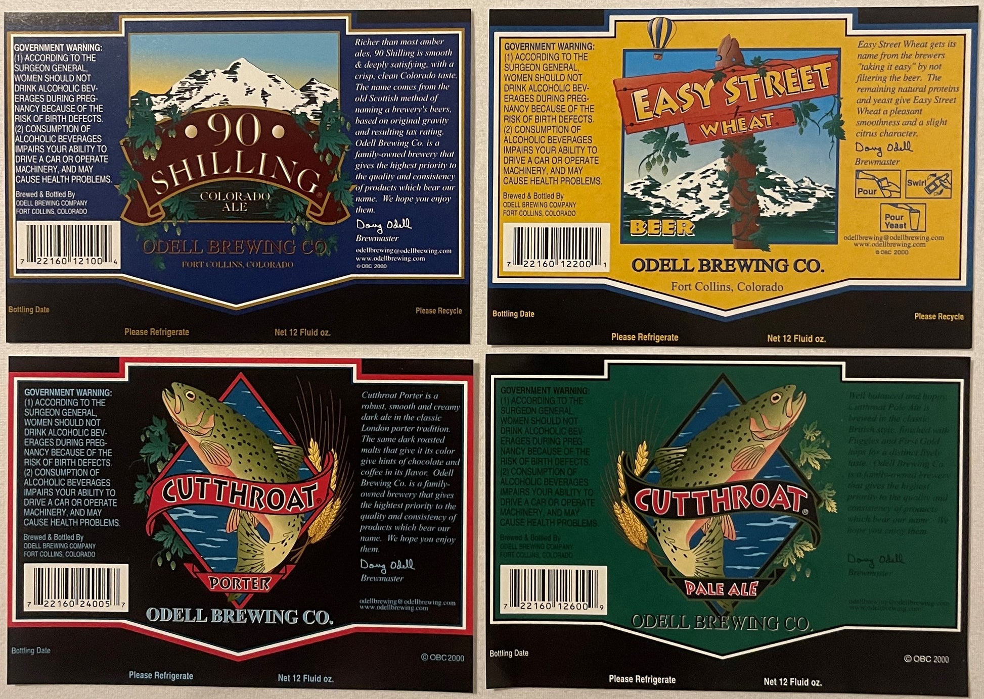 Four vintage Odell Brewing Co. beer labels featuring 90 Shilling, Easy Street Wheat, Cutthroat Porter, and Pale Ale with fish