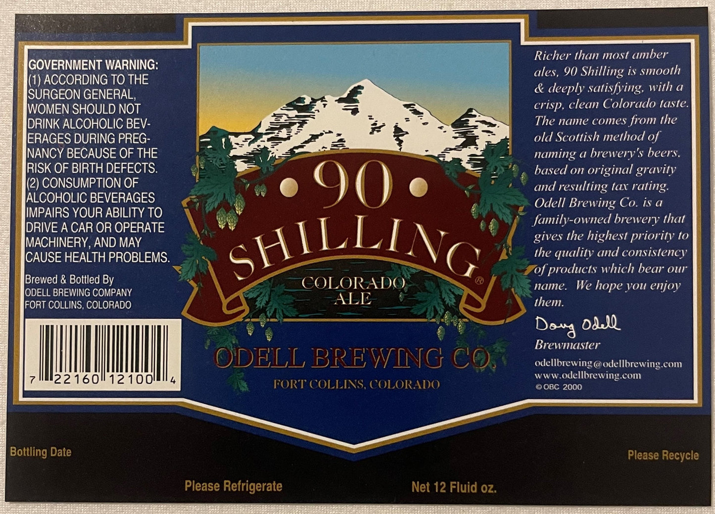 Vintage 90 Shilling Colorado Ale beer label from Odell Brewing Co, Fort Collins, featuring snow-capped mountain illustration 