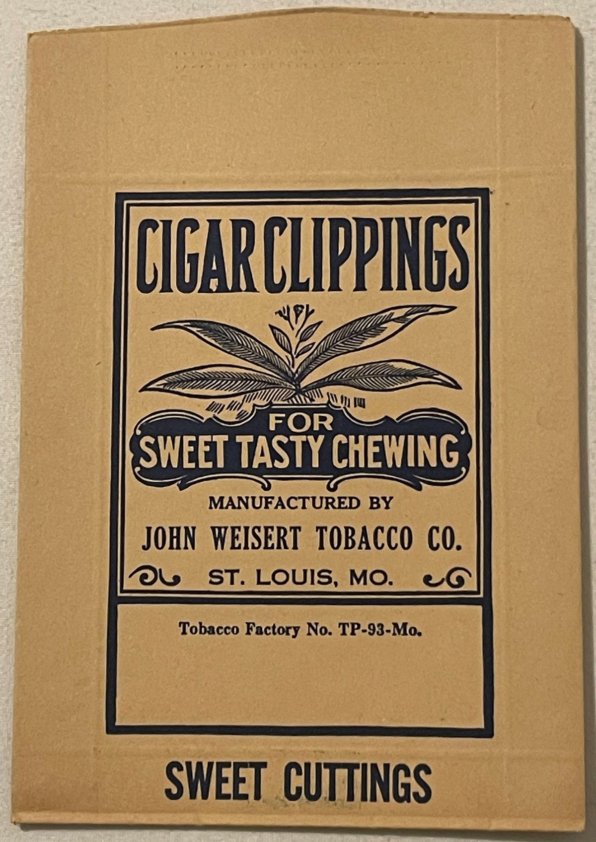 Vintage tobacco bag front label for John Weisert Cigar Clippings, St. Louis MO, tan cardboard with black text and tobacco