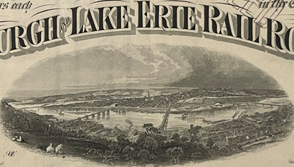 Sepia-toned engraving titled "Orgh's Lake Erie Rail" showing an aerial view of a sprawling industrial city with river, bridge