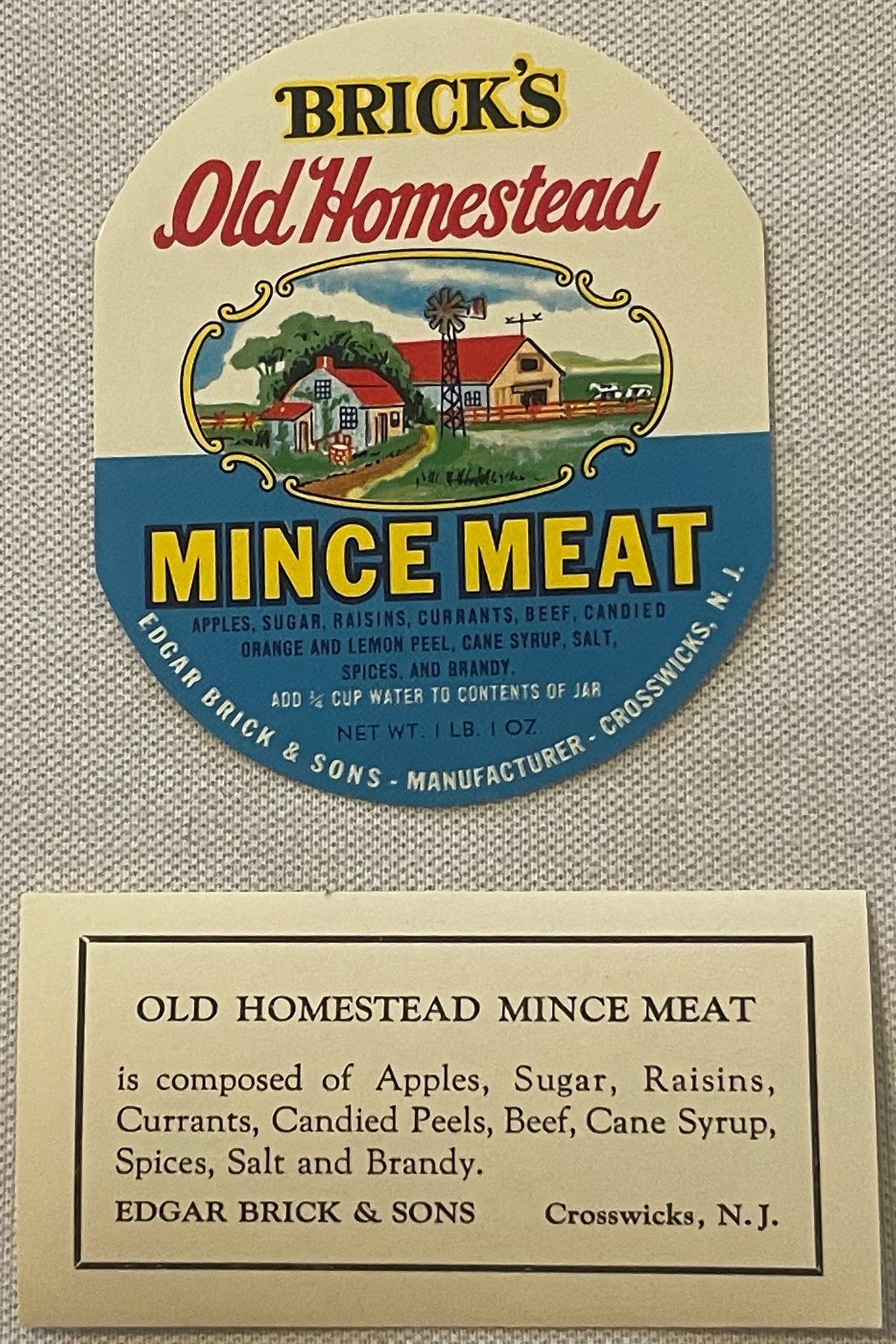 Vintage Brick's Old Homestead mince meat label from Edgar Brick & Sons, Crosswicks NJ, showing homestead scene and ingredient