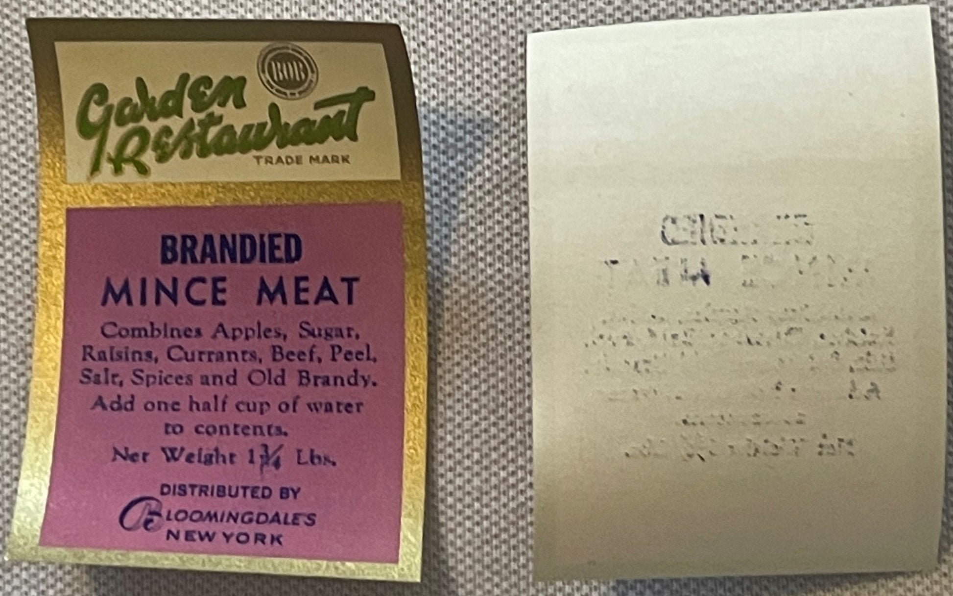 Vintage Bloomingdale's Garden Restaurant brandied mince meat label with gold border and pink center panel, front and back sid