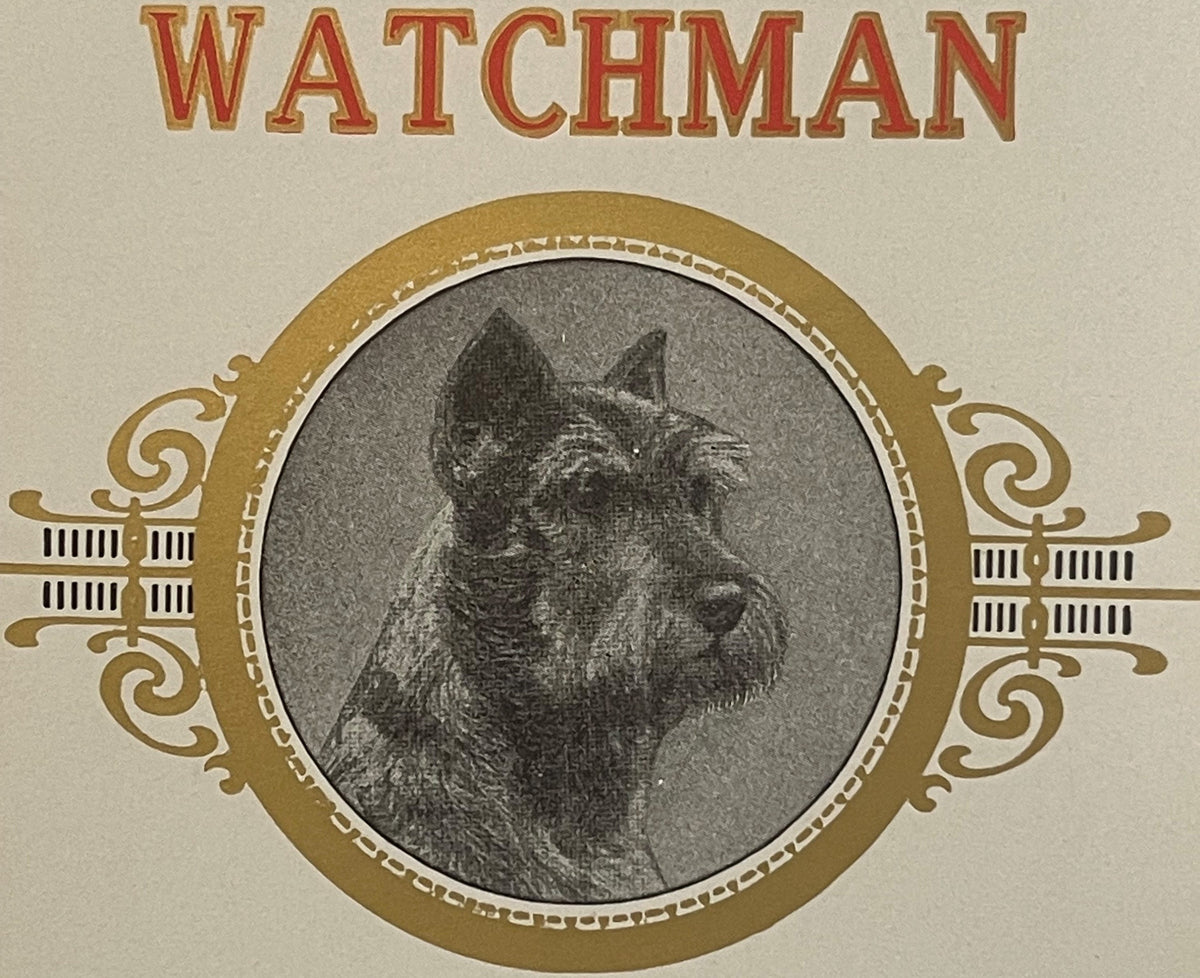 Vintage cigar label featuring "Watchman" in red text above a gold-embossed oval frame containing a black and white portrait o