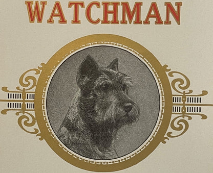 Vintage cigar label featuring "Watchman" in red text above a gold-embossed oval frame containing a black and white portrait o
