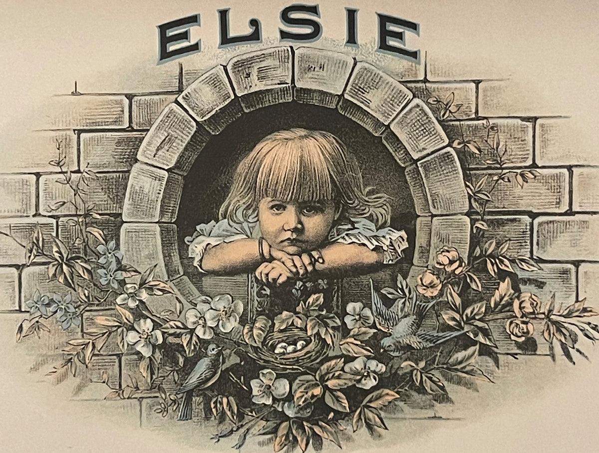 Vintage cigar label featuring a blonde child leaning on a brick wall with flowering vines, surrounded by open