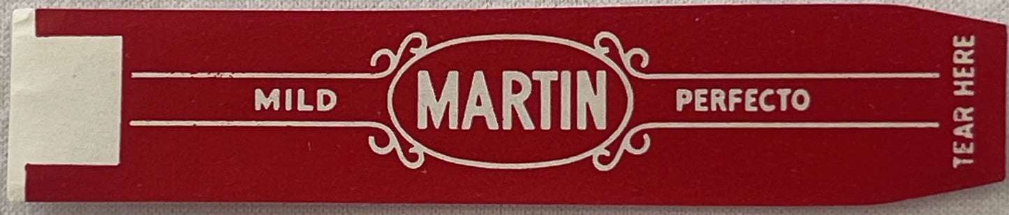 Vintage Martin Mild Perfecto cigar band label on burgundy red background with cream-colored decorative text and ornamental ov