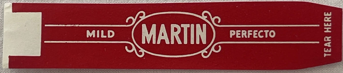 Vintage Martin Mild Perfecto cigar band label on burgundy red background with cream-colored decorative text and ornamental ov