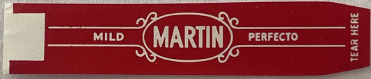 Vintage Martin Mild Perfecto cigar band label on burgundy red background with cream-colored decorative text and ornamental ov