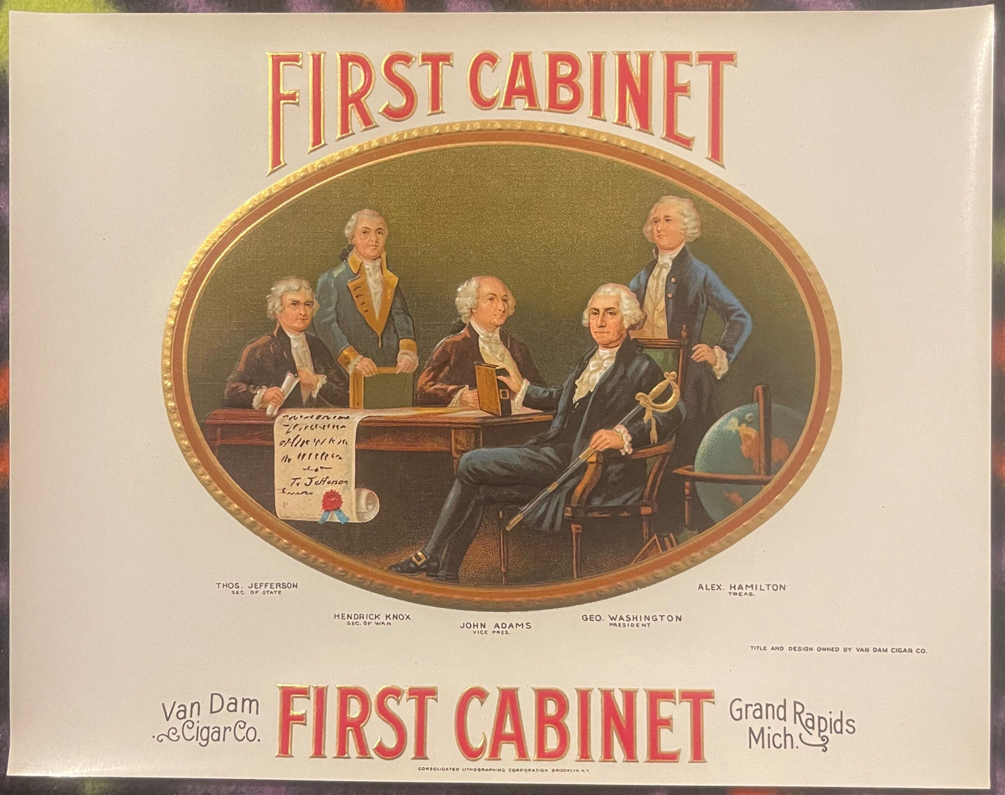 Antique cigar label featuring five founding fathers in formal dress around a table, gold-embossed oval frame, red text readin
