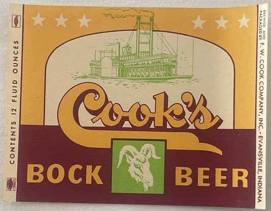 Vintage Cook's Bock Beer Label 🍺 Steamboat & Goat Design | F.W. Cook Co., Evansville, Indiana American Made