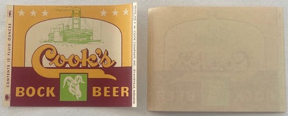 Front and back of vintage Cook's Bock Beer label showing steamboat, goat design, gold and maroon colors, Evansville Indiana m