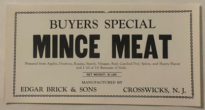 Vintage cream-colored mince meat label with black text from Edgar Brick & Sons, Crosswicks NJ, showing ingredients and 50 lbs