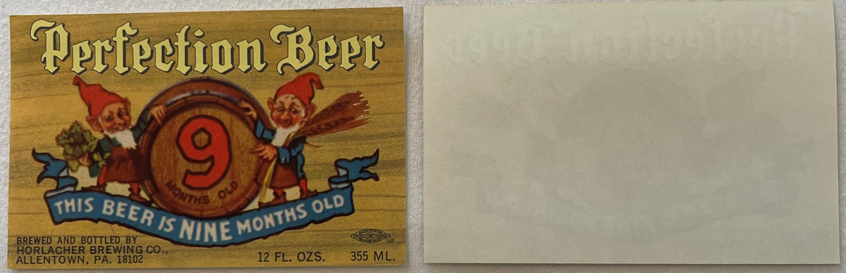 Vintage Perfection Beer label with gold background, red barrel marked "9," and two red gnomes, brewed by Horlacher Brewing Co