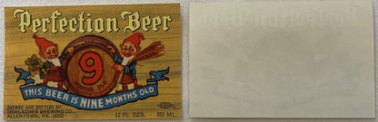 Vintage Perfection Beer label with gold background, red barrel marked "9," and two red gnomes, brewed by Horlacher Brewing Co