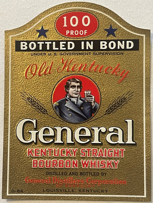 Rare Vintage 1930s Embossed General Old Kentucky Bourbon Whiskey Label Louisville Bottled in Bond 100 Proof 📜