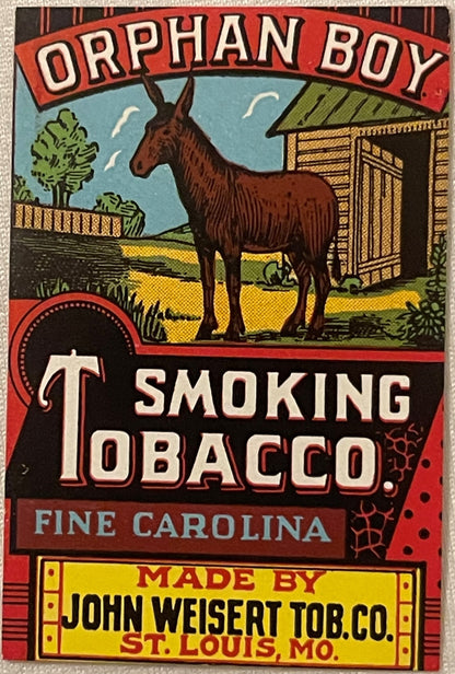 Antique Orphan Boy Smoking Tobacco Label 🫏 John Weisert Tob. Co. St. Louis MO Fine Carolina NOS