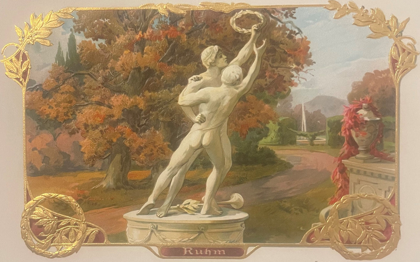 Chromolithograph cigar box label with embossed gold border featuring neoclassical male statue in garden setting, autumn folia