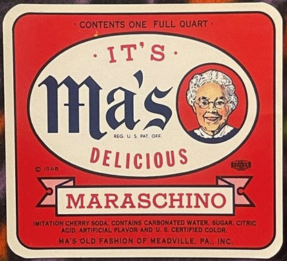 Vintage red and cream Ma's Maraschino cherry soda label featuring illustrated woman's face in circular portrait, one quart si