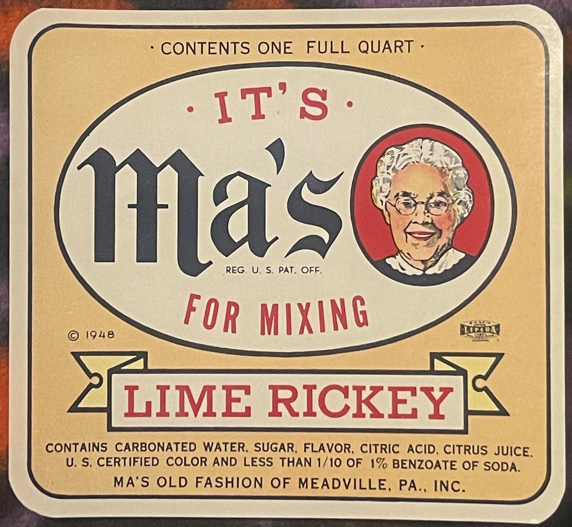Vintage Ma's Lime Rickey soda label from Meadville PA, featuring woman's portrait and tan and red color scheme, one quart siz