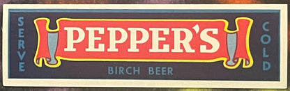 Vintage Pepper's Birch Beer bottle label with red banner and navy blue background, reading "Served Cold" on sides.