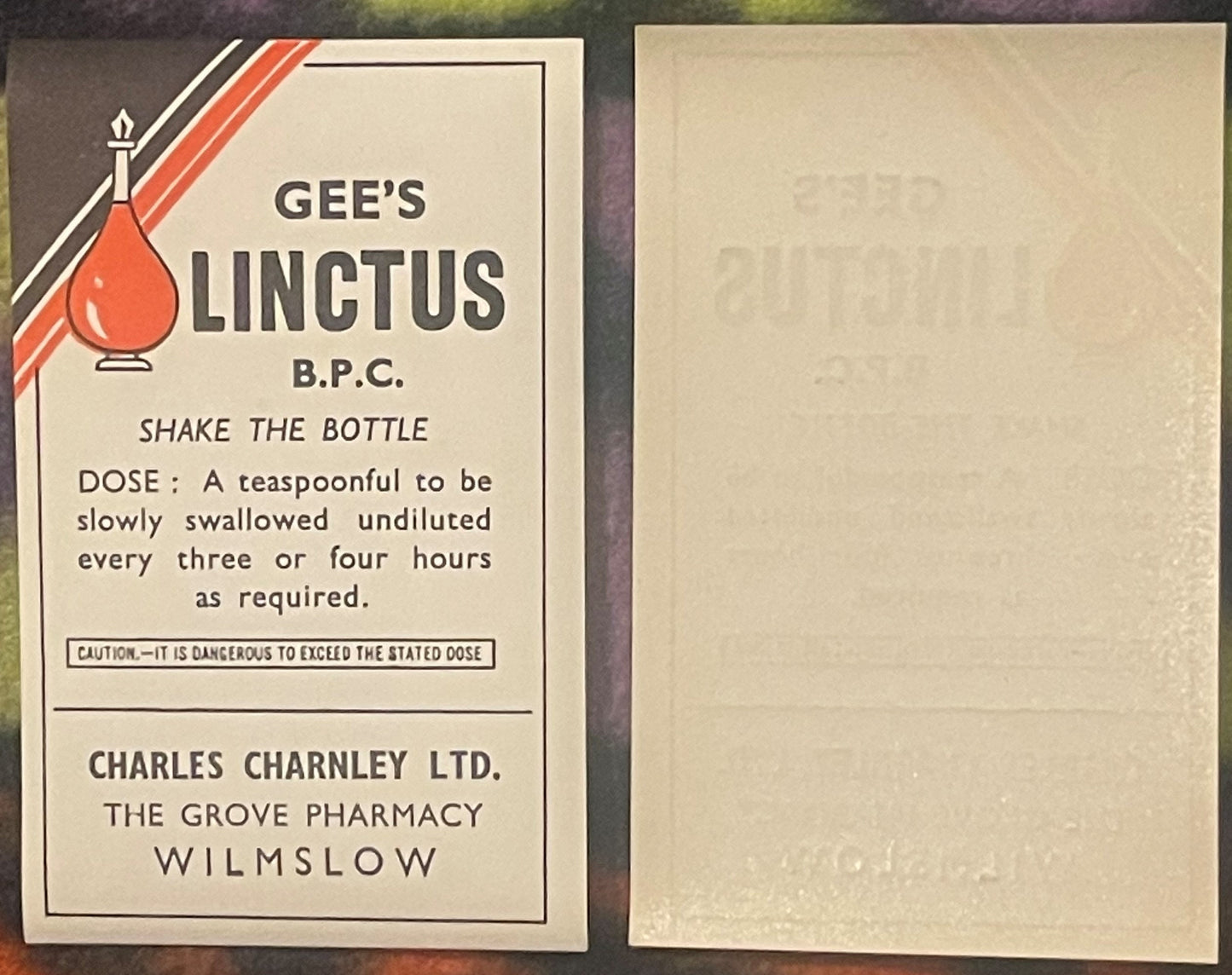 Front and back of a vintage Gee's Linctus B.P.C. medicine label with red bottle illustration, dosage instructions, and Wilmsl