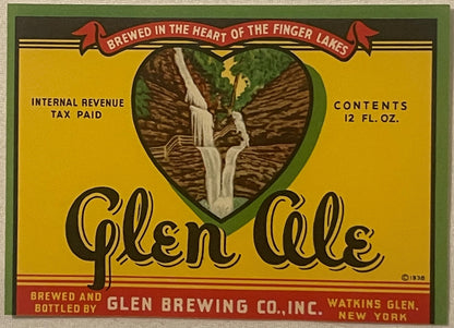 Vintage 1938 Glen Ale beer label from Watkins Glen, NY brewery, featuring waterfall image in heart shape on yellow and green 