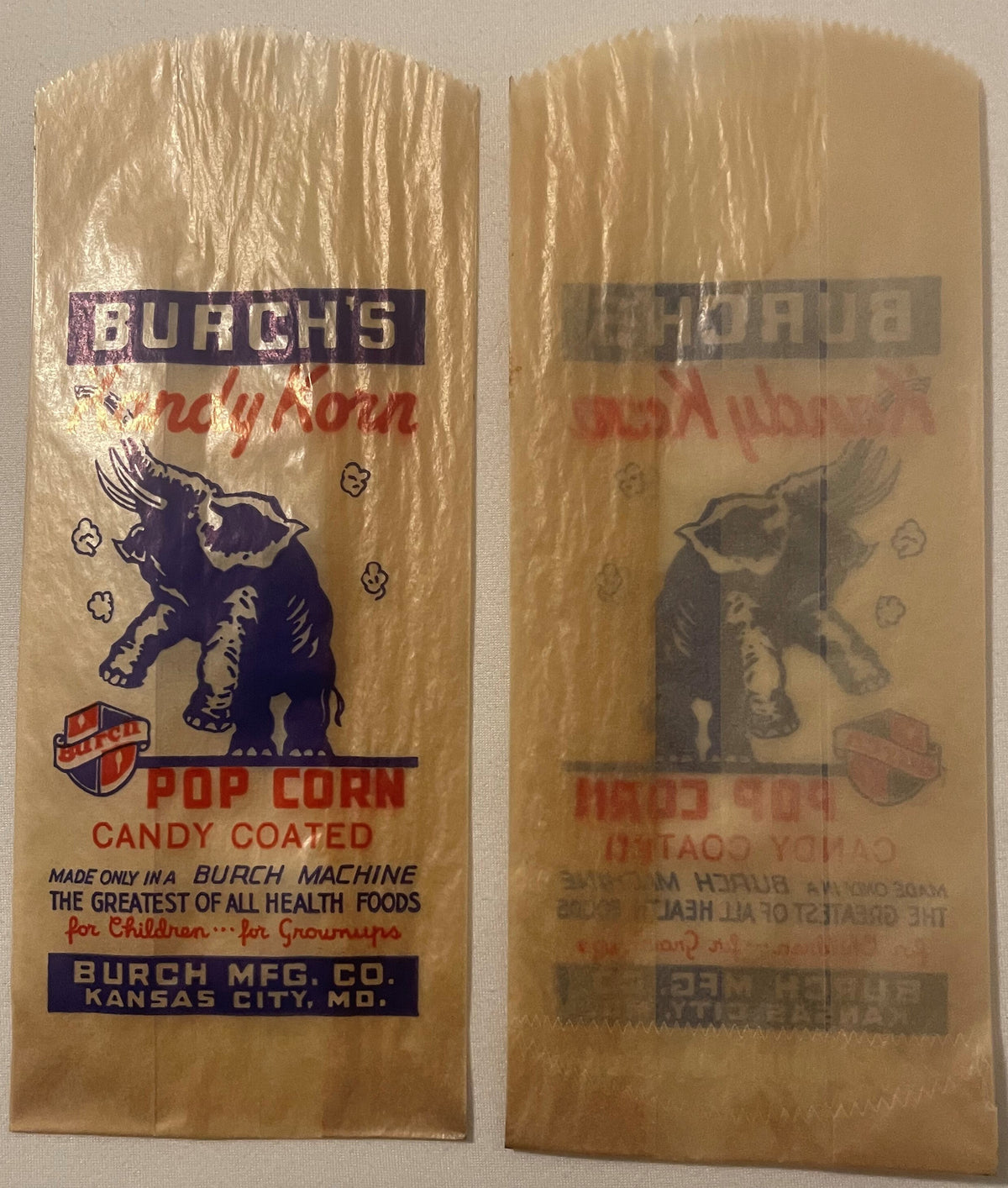 Front and back of vintage Burch's Kandy Korn popcorn bag from Kansas City, Missouri, featuring blue elephant illustration
