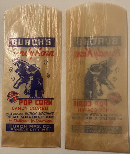 Front and back of vintage Burch's Kandy Korn popcorn bag from Kansas City, Missouri, featuring blue elephant illustration